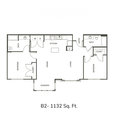 Floor plan for 2 beds, 2 baths, 1132 sqft